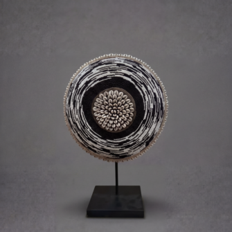Shield Beaded Round - Black & White with Cowrie Shells - (Cameroon) - Small