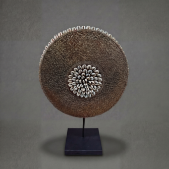 Shield Beaded Round - Goldern Pattern with Cowrie Shells - (Cameroon) - Large